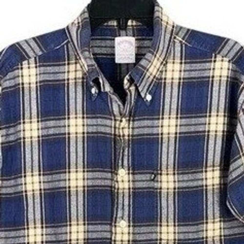 Brooks Brothers 346 Plaid Flannel Shirt Mens L Blue Yellow Button Down Casual